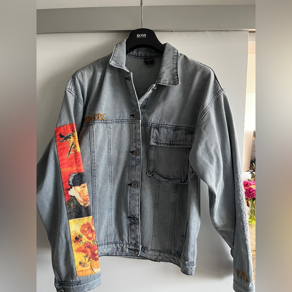 Source Unknown Blue and Red Jean Jacket with Artistic Accents